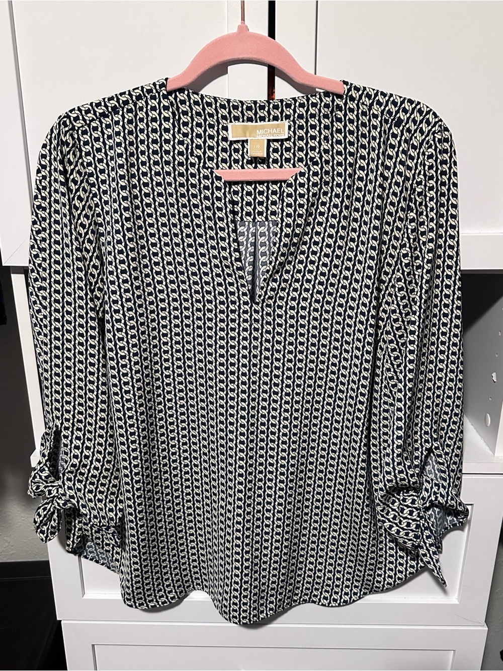 MICHAEL Michael Kors Navy Chain Print Tie Sleeve Blouse Size L